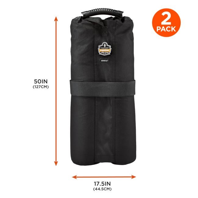 Black rolled fabric bag with plastic top handle, horizontal strap and small stitched patch; orange arrows mark 50in by 17.5in and a "2 PACK" circle.