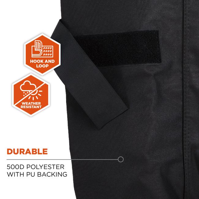 Close-up of black fabric with Velcro strip, diagonal strap, and two orange hexagon icons labeled Hook and Loop and Weather Resistant