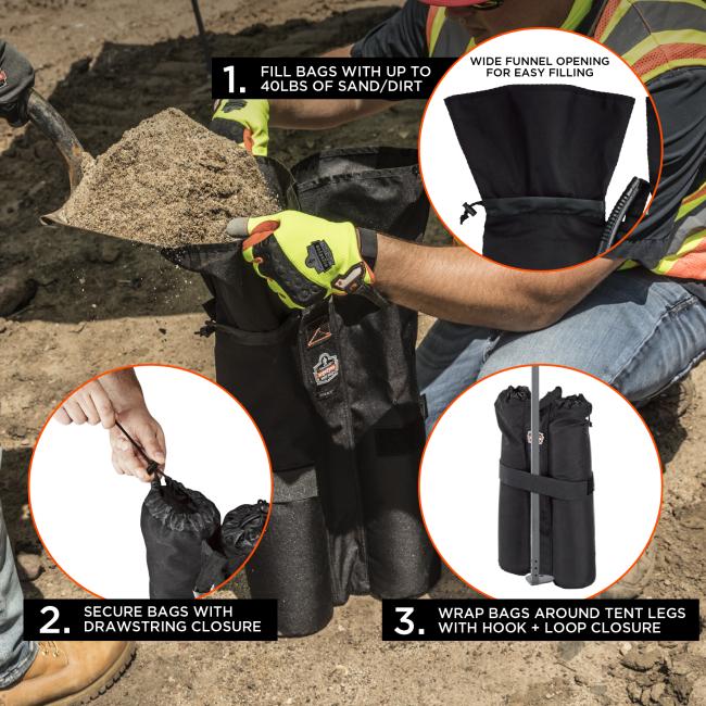 Worker in neon gloves shoveling sand into black fabric weight bags on dirt, with close-up inset of bag funnel opening and drawstring closure