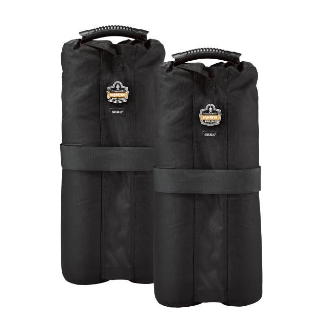Two black fabric bags with ribbed plastic handles and wide straps, shown side-by-side on a white background.