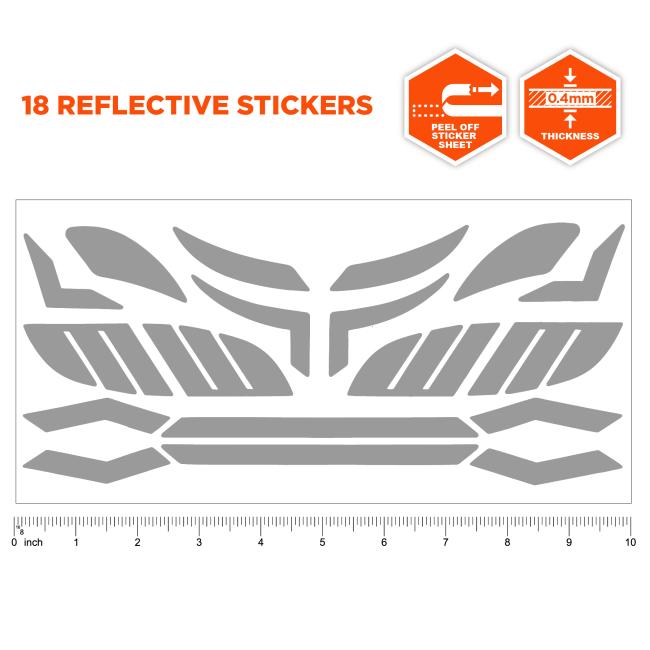 18 reflective stickers. Peel-off sticker sheet. 10 inches in length on sticker sheet, 0.4mm thickness