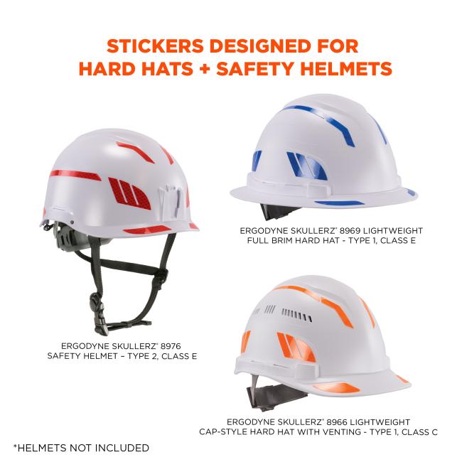Stickers designed for hard hats and safety helmets. Ergodyne Skullerz 8969 Lightweight Full Brim Hard Hat - Type 1, Class E, Ergodyne Skullerz 8976 Safety Helmet - Type 2, Class E, and Ergodyne Skullerz 8966 lightweight cap-style hard hat with venting - Type 1, Class C. Helmets not included