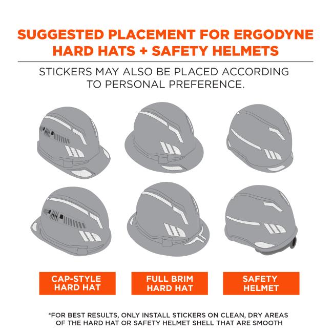 Suggested placement for Ergodyne hard hats and safety helmets: stickers may also be placed according to personal preference. Placed on cap-style and full brim hard hats as well as safety helmets. For best results, only install stickers on clean, dry areas of the hard hat or safety helmet shell that are smooth