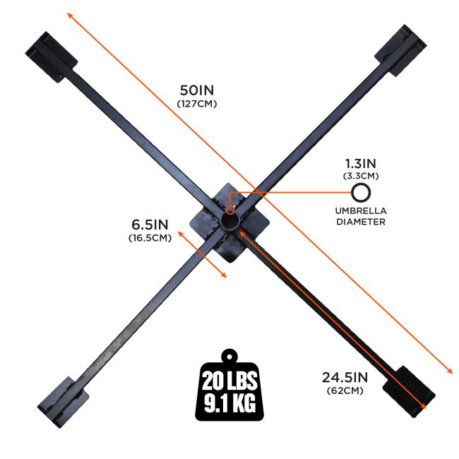 Black metal cross-shaped base with four angled rectangular arms and central round socket, orange measurement lines and weight icon on white background