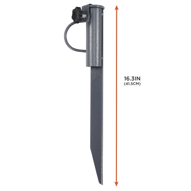 Gray metal ground stake with tubular adjustable sleeve, black plastic tightening knob, loop handle and pointed tip; orange arrow labeled 16.3in (41.5cm).