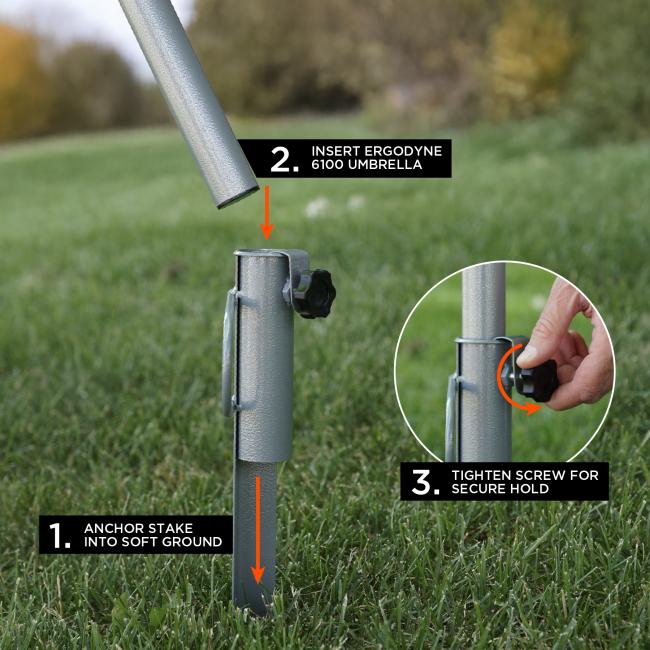 Silver metal pole being inserted into a matching ground stake set in grass; inset shows a hand turning a black tightening knob.