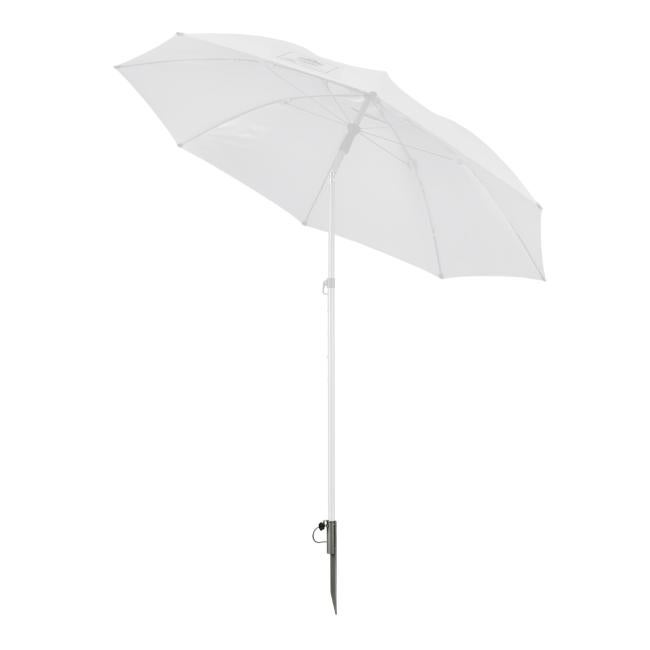 White outdoor umbrella with exposed ribs, adjustable metal pole and pointed ground stake