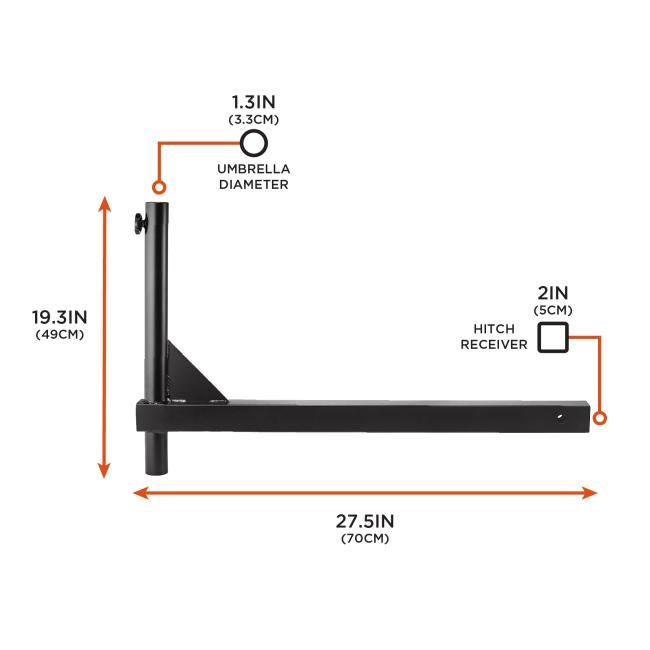 Black metal L-shaped bracket with vertical cylindrical post, triangular support gusset, horizontal rectangular arm with square hitch receiver hole and orange measurement arrows