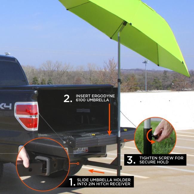 Open black pickup tailgate with a bright green umbrella on a vertical pole inserted into a hitch holder; inset shows a hand tightening a screw.