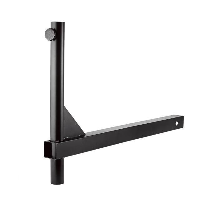 Black metal bracket with vertical round post and knob, triangular support gusset, and horizontal rectangular arm with circular end hole