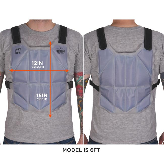 The vest measures 12 inches (30.5 cm) wide and 15 inches (38 cm) long. The model shown is 6 feet tall.