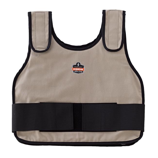 Beige vest with black trim, two padded shoulder straps, small circular logo patch at chest, and wide black hook-and-loop waist belt