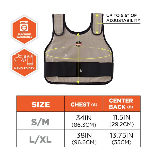 Beige sleeveless vest with black trim and wide black waist strap, yellow measurement arrows, and orange machine-washable and hang-to-dry icons.