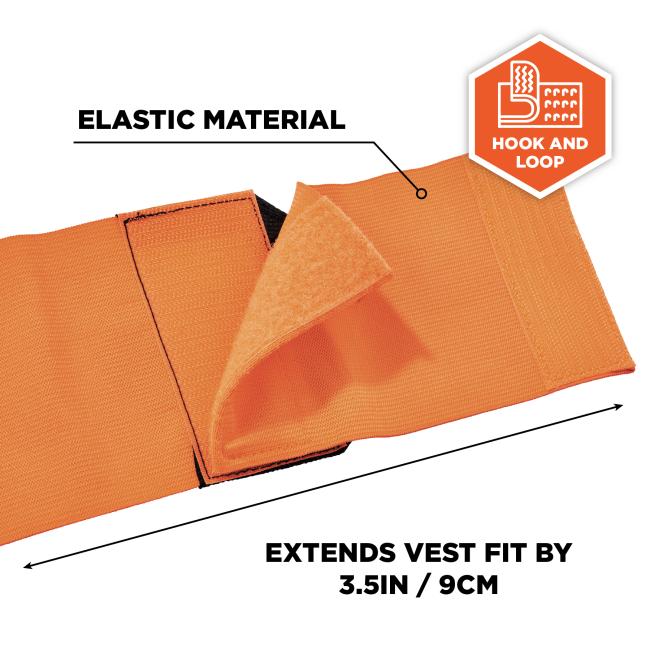 Close up of bright orange elastic strap showing hook and loop fastener: exposed fuzzy loop, stitched rectangular hook patch, and graphic label