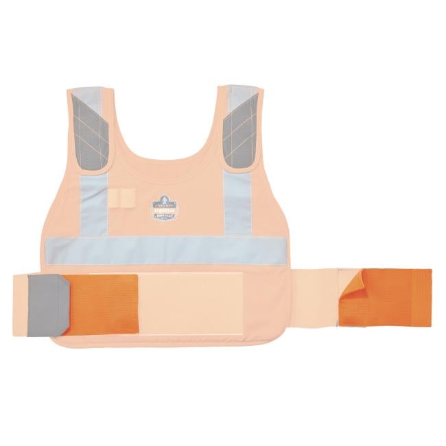 Orange high-visibility vest front with gray reflective vertical and horizontal strips, mesh-padded shoulder panels, and orange Velcro waist straps.