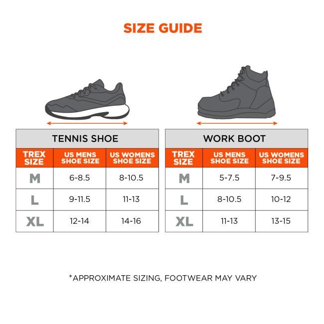 Size guide. Tennis shoe sizing: Medium M fits US mens shoe size 6 to 8.5 and US womens shoe size 8 to 10.5. Large L fits US mens 9 to 11.5 and US womens 11 to 13. Extra Large XL fits US mens 12 to 14 and US womens 14 to 16. Work boot sizing: Medium M fits US mens 5 to 7.5 and US womens 7 to 9.5. Large L fits US mens 8 to 10.5 and US womens 10 to 12. Extra Large XL fits US mens 11 to 13 and US womens 13 to 15. Approximate sizing, footwear may vary.
