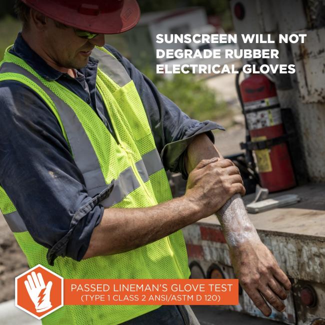Sunscreen will not degrade rubber electrical gloves. Passed lineman's glove test (type 1 class 3 ansi/astm D 120)