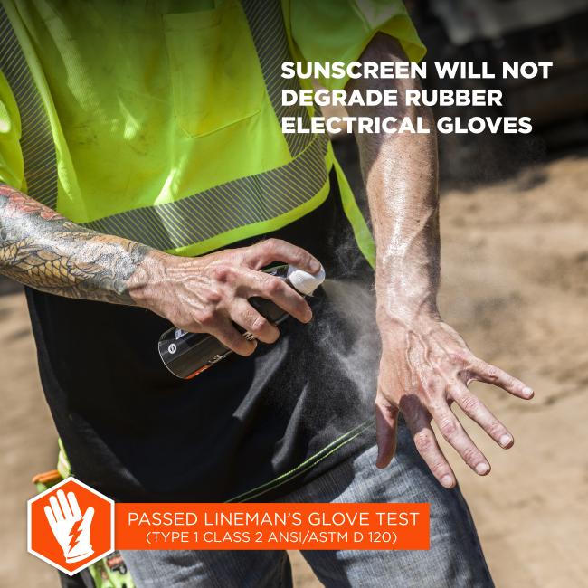 Sunscreen will not degrade rubber electrical gloves. Passed lineman's glove test (type 1 class 2 ansi/astm D120).