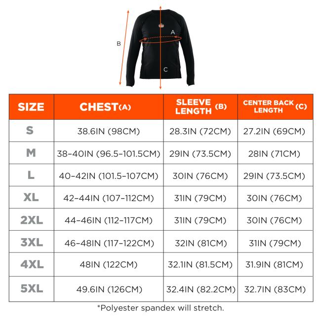 Size Chart: Small (S): Chest 38.6IN (98CM), Sleeve Length 28.31IN (72CM), Center Back Length 27.2IN (69CM). Medium (M): Chest 38-40IN (96.5-101.5CM), Sleeve Length 29IN (73.5CM), Center Back Length 28IN (71CM). Large (L): Chest 40-42IN (101.5-107CM), Sleeve Length 30IN (76CM), Center Back Length 29IN (73.5CM). Extra Large (XL): Chest 42-44IN (107-112CM), Sleeve Length 31IN (79CM), Center Back Length 30IN (76CM). 2X Large (2XL): Chest 44-46IN (112-117CM), Sleeve Length 31IN (79CM), Center Back Length 30IN (7