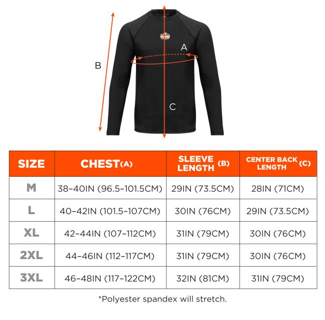 Lightweight Long Sleeve Base Layer Shirt Size Chart: Medium (M): Chest 38-40IN (96.5-101.5CM), Sleeve Length 29IN (73.5CM), Center Back Length 28IN (71CM). Large (L): Chest 40-42IN (101.5-107CM), Sleeve Length 30IN (76CM), Center Back Length 29IN (73.5CM). Extra Large (XL): Chest 42-44IN (107-112CM), Sleeve Length 31IN (79CM), Center Back Length 30IN (76CM). 2X Large (2XL): Chest 44-46IN (112-117CM), Sleeve Length 31IN (79CM), Center Back Length 30IN (76CM). 3X Large (3XL): Chest 46-48IN (117-122CM), Sleeve