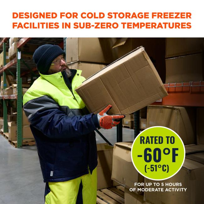 Freezer jacket is designed for cold storage freezer facilities and can withstand temperatures as low as -60°F (-51°C) for up to 5 hours of moderate activity.