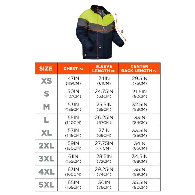 Size chart: Small (S): Chest 47IN (119CM), Sleeve Length 25IN (63CM), Center Back Length 31.5IN (80CM). Medium (M): Chest 51IN (129CM), Sleeve Length 25.5IN (64CM), Center Back Length 32IN (81CM). Large (L): Chest 53IN (134CM), Sleeve Length 26IN (66CM), Center Back Length 32.5IN (82CM). Extra Large (XL): Chest 55IN (139CM), Sleeve Length 26.5IN (67CM), Center Back Length 33IN (83CM). 2X Large (2XL): Chest 57IN (144CM), Sleeve Length 27IN (68CM), Center Back Length 33.5IN (85CM). 3X Large (3XL): Chest 59IN 