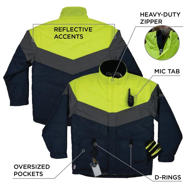 This jacket features reflective accents, a heavy-duty zipper, a mic tab, oversized pockets and D-rings for additional utility.