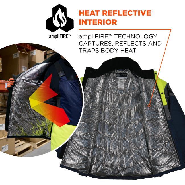 This freezer jacket utilizes ampliFIRE™ technology, which captures, reflects, and traps body heat with a heat reflective interior.