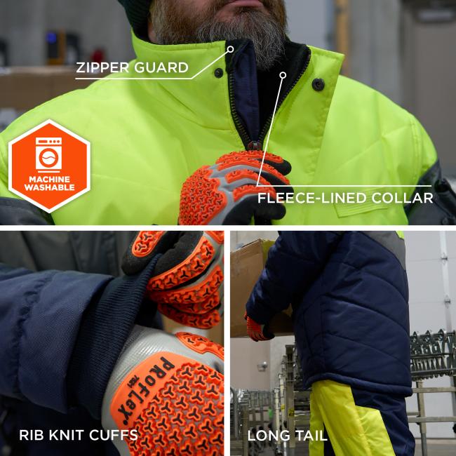 Additional jacket comfort features include a zipper guard, fleece-lined collar, rib knit cuffs, and a long tail. The jacket is machine washable.