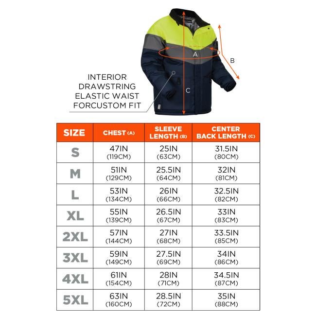 Size chart: Small (S): Chest 47IN (119CM), Sleeve Length 25IN (63CM), Center Back Length 31.5IN (80CM). Medium (M): Chest 51IN (129CM), Sleeve Length 25.5IN (64CM), Center Back Length 32IN (81CM). Large (L): Chest 53IN (134CM), Sleeve Length 26IN (66CM), Center Back Length 32.5IN (82CM). Extra Large (XL): Chest 55IN (139CM), Sleeve Length 26.5IN (67CM), Center Back Length 33IN (83CM). 2X Large (2XL): Chest 57IN (144CM), Sleeve Length 27IN (68CM), Center Back Length 33.5IN (85CM). 3X Large (3XL): Chest 59IN 