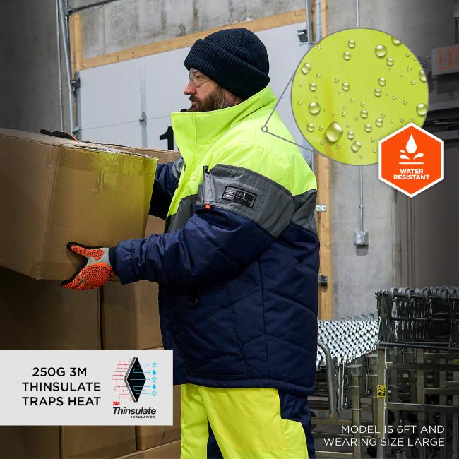 Jacket is water resistant and features 250 grams of 3M Thinsulate to trap heat. Model in picture is 6 feet tall and wearing a size Large