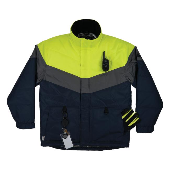 Front propped view of insulated freezer jacket with heat reflective lining