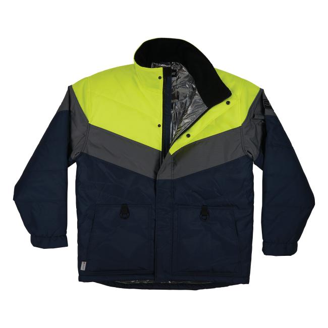 Front of insulated freezer jacket with heat reflective lining