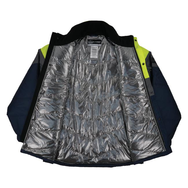 Front view of insulated freezer jacket with heat reflective lining with heat reflective lining showing