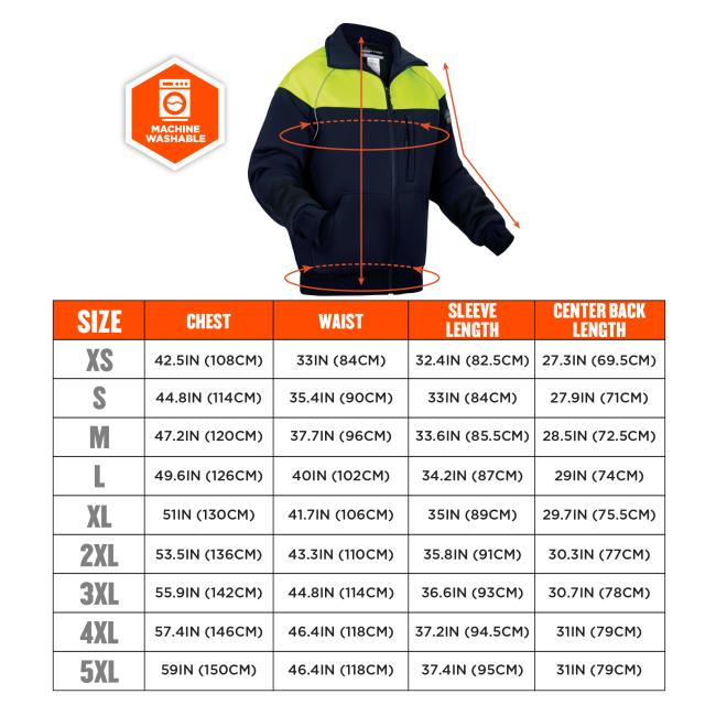 Size Chart. The insulated cooler jacket is available in multiple sizes, with specific chest, waist, sleeve length, and center back length measurements. The XS size has a chest measurement of 42.5 inches (108 cm), a waist measurement of 33 inches (84 cm), a sleeve length of 32.4 inches (82.5 cm), and a center back length of 27.3 inches (69.5 cm). The S size measures 44.8 inches (114 cm) at the chest, 35.4 inches (90 cm) at the waist, 33 inches (84 cm) for sleeve length, and 27.9 inches (71 cm) for center bac