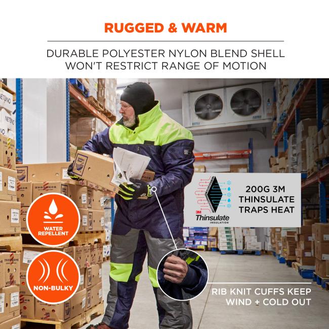  Rugged and warm: durable polyester nylon blend shell won't restrict range of motion. 200G 3M Thinsulate traps heat. Water repellent, non-bulky. Rib knit cuffs keep wind and cold out.