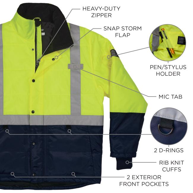 This high-visibility freezer jacket is designed with a heavy-duty zipper for durability and a snap storm flap to provide additional protection from harsh weather conditions. It includes a pen/stylus holder on the sleeve for easy accessibility and a mic tab to securely hold communication devices. The jacket also features two D-rings for attaching accessories, rib knit cuffs for a snug and comfortable fit, and two exterior front pockets for convenient storage.