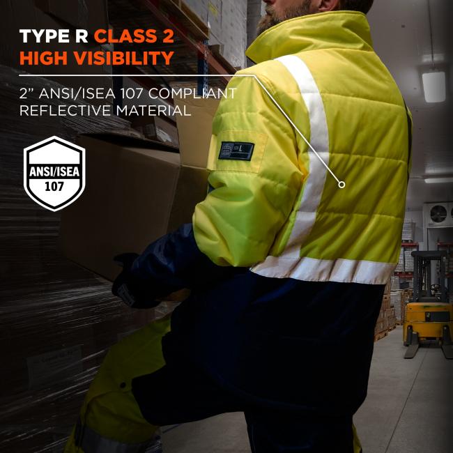 The jacket meets Type R Class 2 High Visibility standards, ensuring safety in low-light conditions. It features 2-inch ANSI/ISEA 107 compliant reflective material, which enhances visibility and makes the wearer more noticeable in hazardous environments.