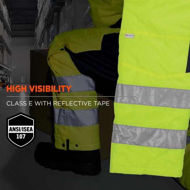 High Visibility. These overalls meet ANSI/ISEA 107 Class E High Visibility standards and feature reflective tape to enhance visibility in low-light conditions, ensuring workplace safety.