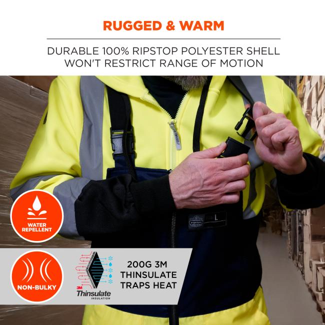 Rugged & Warm. The overalls are made from durable 100% ripstop polyester, ensuring they won’t restrict movement while providing excellent protection. They are also water-repellent to prevent moisture from seeping in and non-bulky for maximum comfort. The insulation consists of 200G 3M Thinsulate, which effectively traps heat and provides warmth in extremely cold environments.