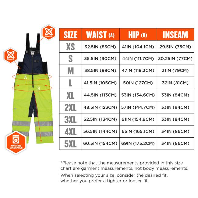 Size Chart. The bib overalls are available in various sizes, with specific measurements for waist, hip, and inseam. The XS size has a waist measurement of 32.5 inches (83 cm), a hip measurement of 41 inches (104.1 cm), and an inseam of 29.5 inches (75 cm). The S size measures 35.5 inches (90 cm) at the waist, 44 inches (111.7 cm) at the hip, and 30.25 inches (77 cm) for the inseam. The M size has a waist of 38.5 inches (98 cm), hips of 47 inches (119.3 cm), and an inseam of 31 inches (79 cm). The L size mea