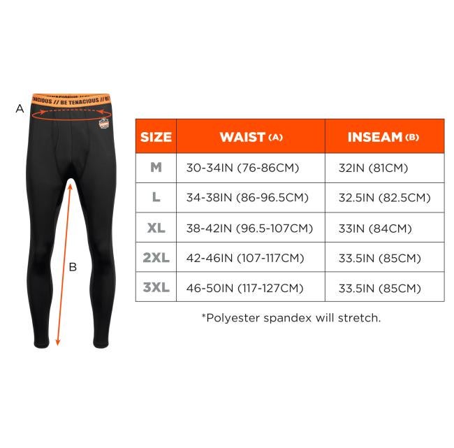 Lightweight Base Layer Pants Size Chart: Medium (M): Waist 30-34IN (76-86CM), Inseam 32IN (81CM). Large (L): Waist 34-38IN (86-96.5CM), Inseam 32.5IN (82.5CM). Extra Large (XL): Waist 38-42IN (96.5-107CM), Inseam 33IN (84CM). 2X Large (2XL): Waist 42-46IN (107-117CM), Inseam 33.5IN (85CM). 3X Large (3XL): Waist 46-50IN (117-127CM), Inseam 33.5IN (85CM). Polyester spandex will stretch.