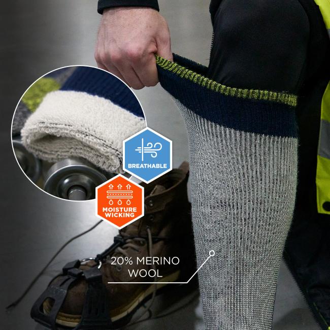 Freezer socks are made of a breathable, moisture-wicking 20% merino wool blend