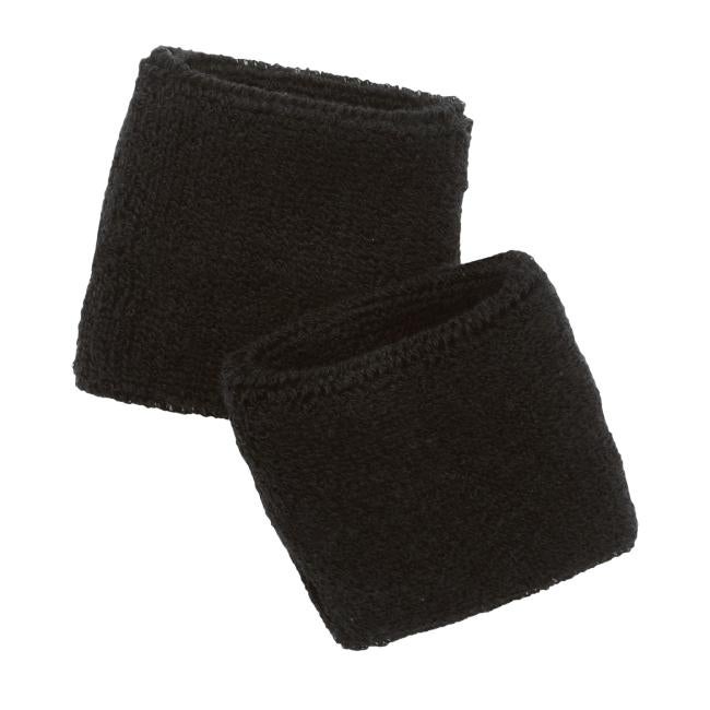 Close-up of two black terry-knit wristbands stacked on a white background
