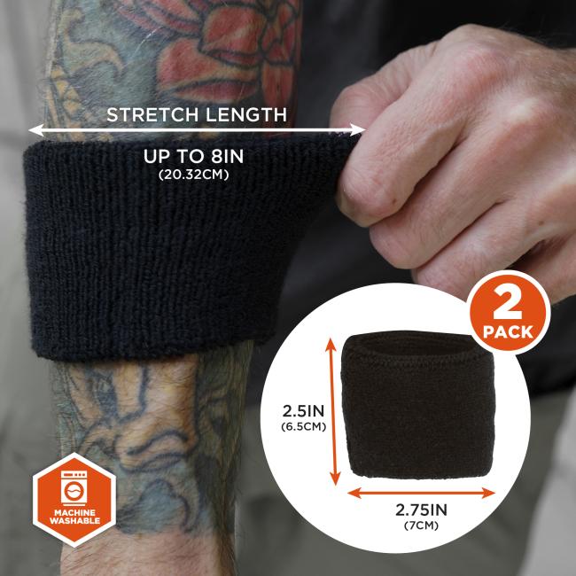 Close-up of a hand pulling a black knit wristband over a tattooed forearm with overlay text "Up to 8in" and a 2-pack badge