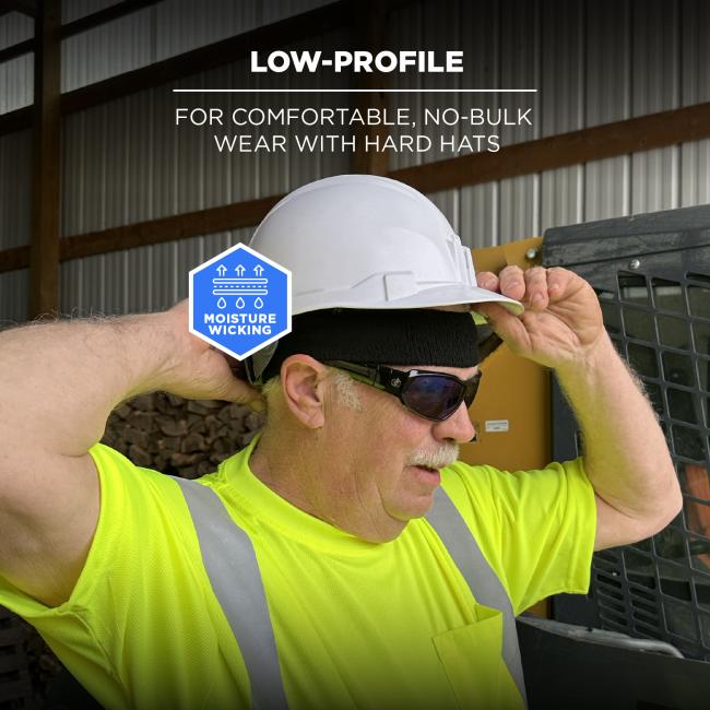 Low profile: for comfortable, no-bulk wear with hard hats. Headband is moisture-wicking