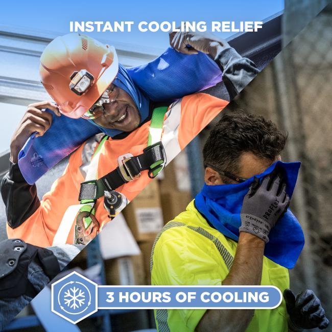 Split image of two construction workers wearing blue cooling towels—left in orange hard hat and vest, right in yellow hi‑vis; "3 HOURS OF COOLING" label.