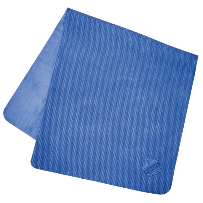 Blue rectangular textured mat with rounded corners, one corner folded to reveal smooth underside and a small embossed logo near a corner.