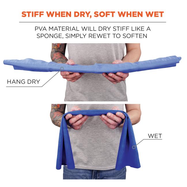 Person with tattooed forearms wearing gray shirt holds long blue textured strip shown stiff and flat above and draped and flexible below.