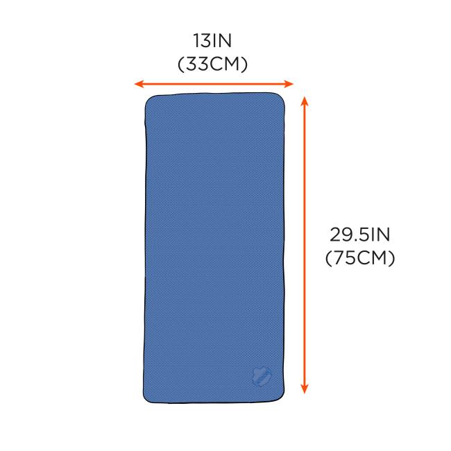 Dimesnions of cooling towel are 29.5 inches or 75cm in height, 13 inches or 33 cm in length